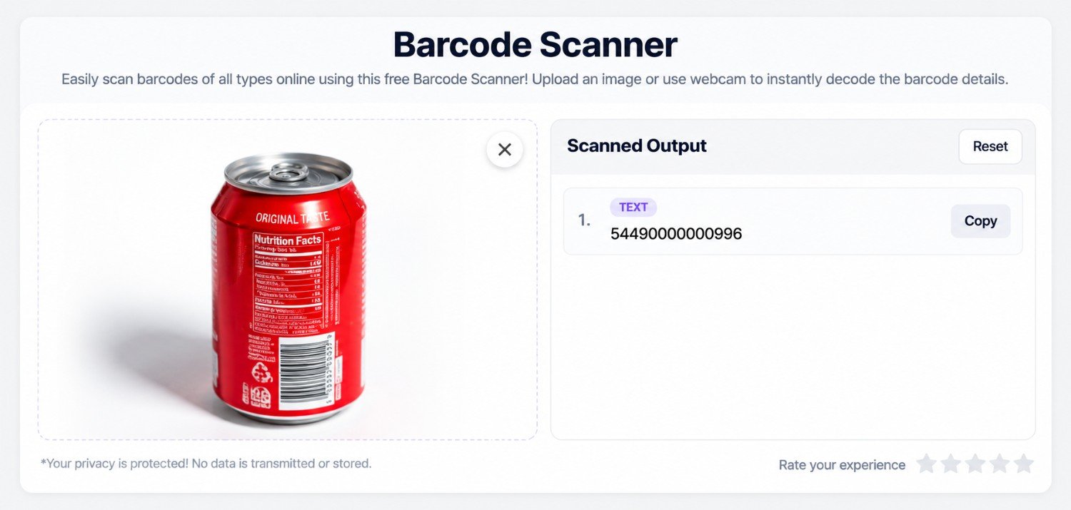 Online barcode scanner reading a barcode from a product photo and showing the scanned output. The same text is embedded in the docx.