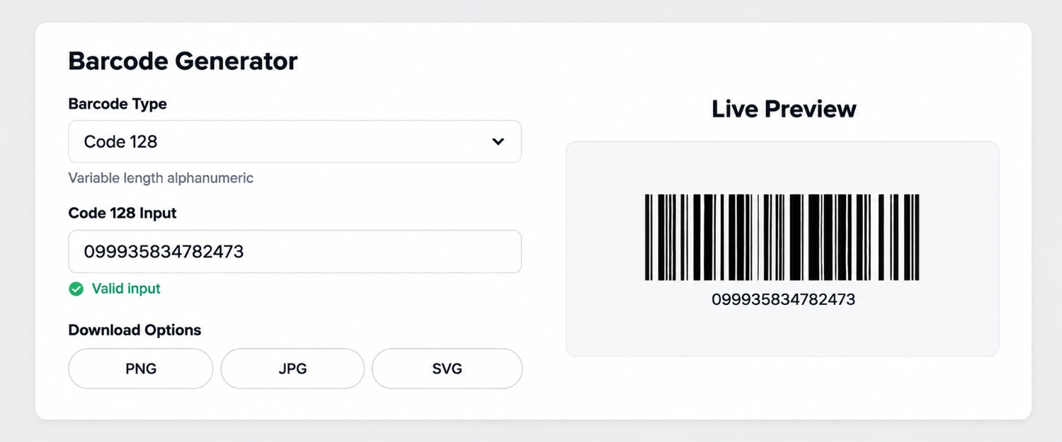 Online barcode generator showing a Code 128 barcode created from a valid input number
